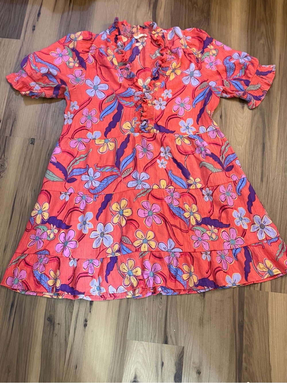 easel Coral Floral Ruffle Tiered Mini Dress